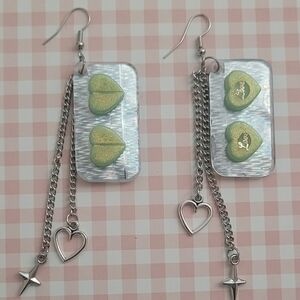 Silver and Green Heart Dangle Earrings